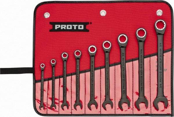 Proto - 9 Piece, 1/4" to 3/4", Ratcheting Combination Wrench Set - 12 Point, Black/Chrome Finish, Comes in Pouch - Best Tool & Supply