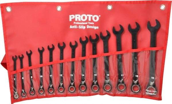 Proto - 13 Piece, 7mm to 19mm, 12 Point Combination Wrench Set - Metric Measurement Standard, Black/Chrome Finish, Comes in Pouch - Best Tool & Supply