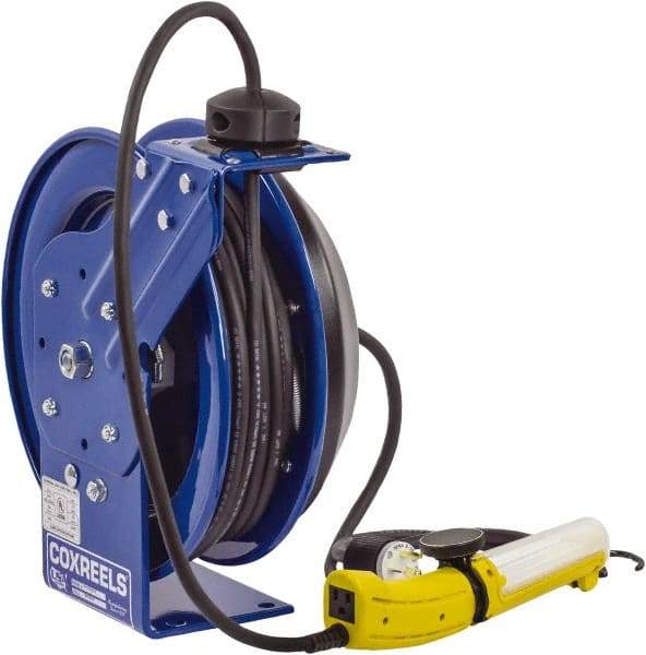 CoxReels - 16 AWG, 35' Cable Length, Cord & Cable Reel with Fluorescent Angle Light with Tool Tap Plug End - 1 Outlet, 13 Amps, 115 Volts, SJTO Cable, Blue Reel, Spring Driven Reel - Best Tool & Supply