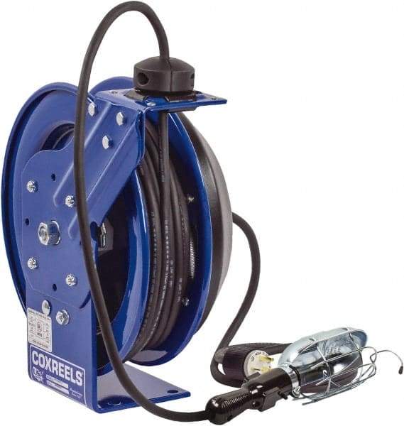 CoxReels - 16 AWG, 75' Cable Length, Cord & Cable Reel with Incandescent Hand Lamp with Tool Tap Plug End - 1 Outlet, NEMA 5-15R, 13 Amps, 115 Volts, SJTO Cable, Blue Reel, Spring Driven Reel - Best Tool & Supply