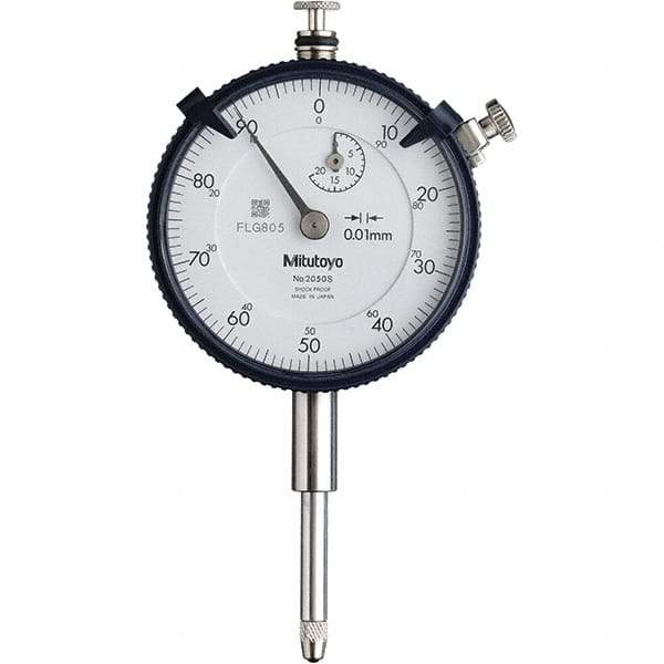 Mitutoyo - 20mm Range, 0-100 Dial Reading, 0.01mm Graduation Dial Drop Indicator - 57mm Dial, 1mm Range per Revolution, 0.2mm Accuracy, Revolution Counter - Best Tool & Supply