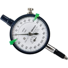 Mitutoyo - 1mm Range, 0-100-0 Dial Reading, 0.001mm Graduation Dial Drop Indicator - 57mm Dial, 0.2mm Range per Revolution, 0.005mm Accuracy, Revolution Counter - Best Tool & Supply