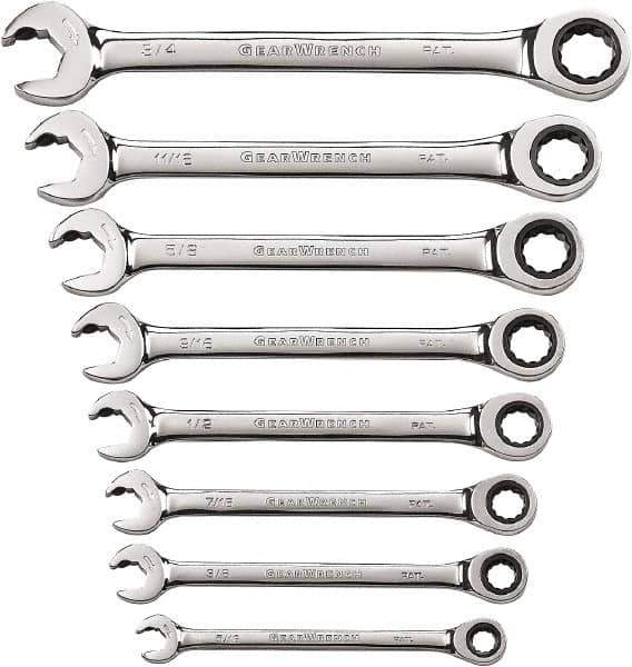 GearWrench - 8 Piece, 5/16" to 3/4", 12 Point Ratcheting Combination Wrench Set - Inch Measurement Standard, Chrome Finish - Best Tool & Supply