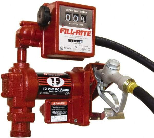 Tuthill - 15 GPM, 3/4" Hose Diam, DC Tank Pump with Manual Nozzle & 807C Meter - 1" Inlet, 3/4" Outlet, 12 Volts, 12' Hose Length, 1/4 hp - Best Tool & Supply