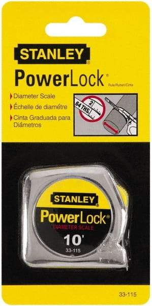 Stanley - 10' x 1/4" Yellow Blade Tape Measure - 1/32 & 1/16" Graduation, Inch Graduation Style, Silver Case - Best Tool & Supply