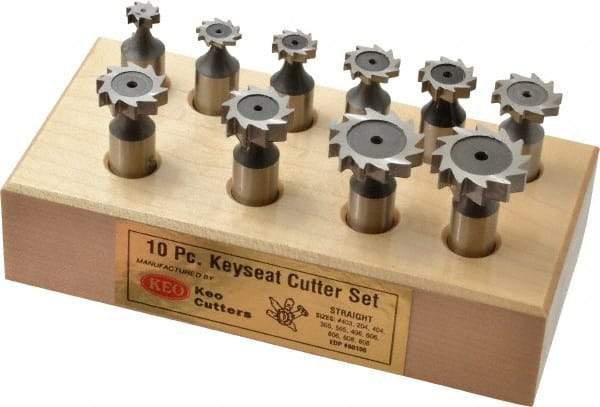 Keo - 3/8 to 1" Cutting Diam, Straight Tooth Configuration, Woodruff and Keyseat Cutter Set - 204 to 808 ANSI, High Speed Steel, 10 Pieces - Best Tool & Supply