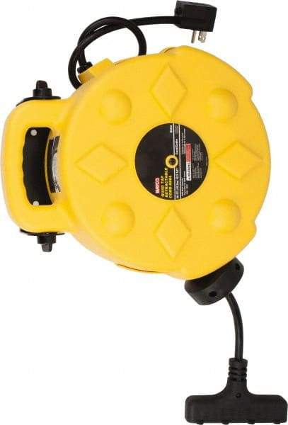 Bayco - 12 AWG, 50' Cable Length, Cord & Cable Reel with Outlet End - 4 Outlets, NEMA 5-15R, 15 Amps, SJTW Cable, Yellow Reel - Best Tool & Supply