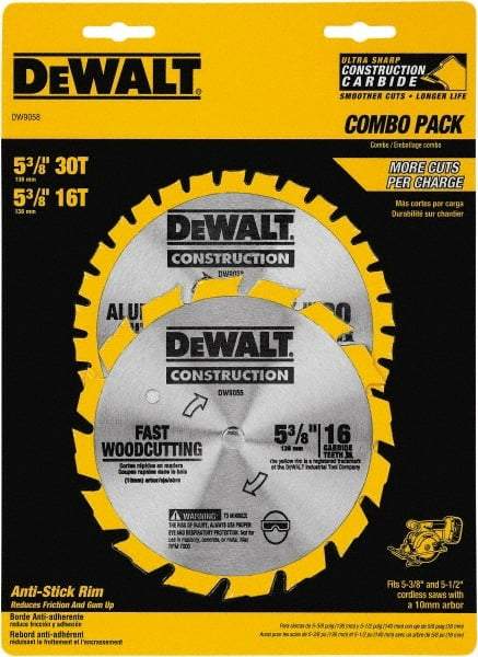 DeWALT - 5-3/8" Diam, 0.3937" Arbor Hole Diam, 16 & 30 Tooth Wet & Dry Cut Saw Blade - Tungsten Carbide-Tipped, Fast Cutting Action, Diamond Arbor - Best Tool & Supply