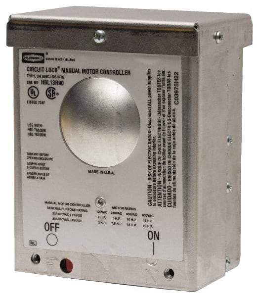 Hubbell Wiring Device-Kellems - 2 Poles, 30 Amp, NEMA, Enclosed Pushbutton Manual Motor Starter - 111.8mm Wide x 83.3mm Deep x 140.2mm High, 15 hp, CSA Certified, NEMA 3R & UL Listed - Best Tool & Supply