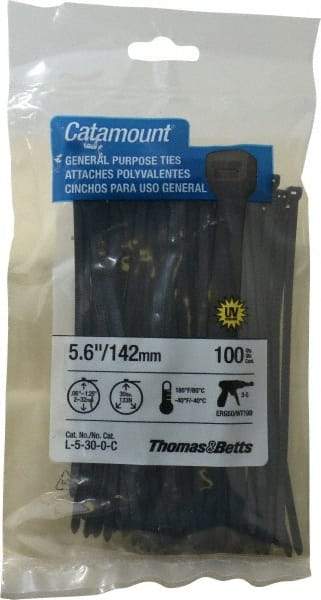 Thomas & Betts - 5.6" Long Black Nylon Standard Cable Tie - 30 Lb Tensile Strength, 1.21mm Thick, 1-1/4" Max Bundle Diam - Best Tool & Supply