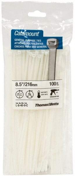 Thomas & Betts - 8-1/2" Long Natural (Color) Nylon Standard Cable Tie - 40 Lb Tensile Strength, 1.13mm Thick, 4" Max Bundle Diam - Best Tool & Supply