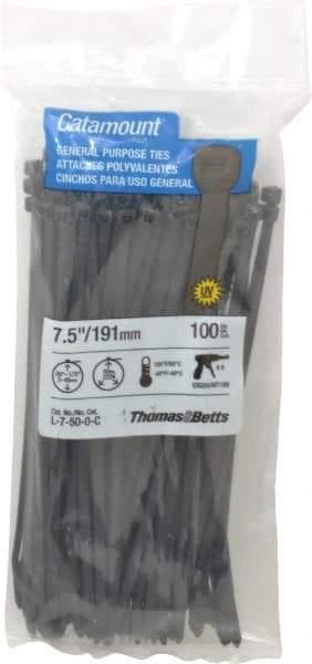 Thomas & Betts - 7-1/2" Long Black Nylon Standard Cable Tie - 50 Lb Tensile Strength, 1.35mm Thick, 5/8" Max Bundle Diam - Best Tool & Supply