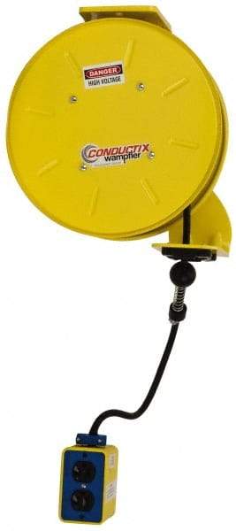 Conductix - 16 AWG, 25' Cable Length, Cord & Cable Reel with Outlet End - 3 Outlets, NEMA 5-15R, 10 Amps, 125 Volts, SOOW-A Cable, Yellow Reel, Spring Driven Reel - Best Tool & Supply