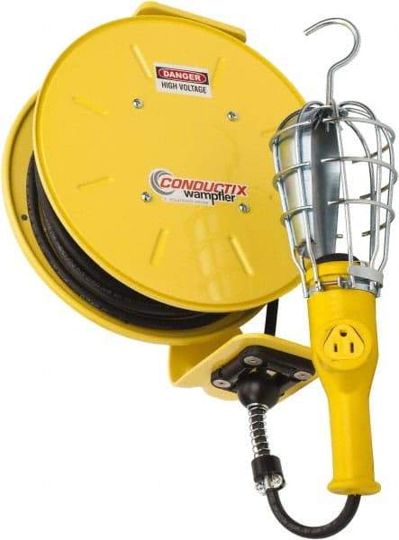 Conductix - 16 AWG, 25' Cable Length, Cord & Cable Reel with Incandescent Hand Lamp End - 1 Outlet, NEMA 5-15R, 10 Amps, 125 Volts, SOOW-A Cable, Yellow Reel, Spring Driven Reel - Best Tool & Supply