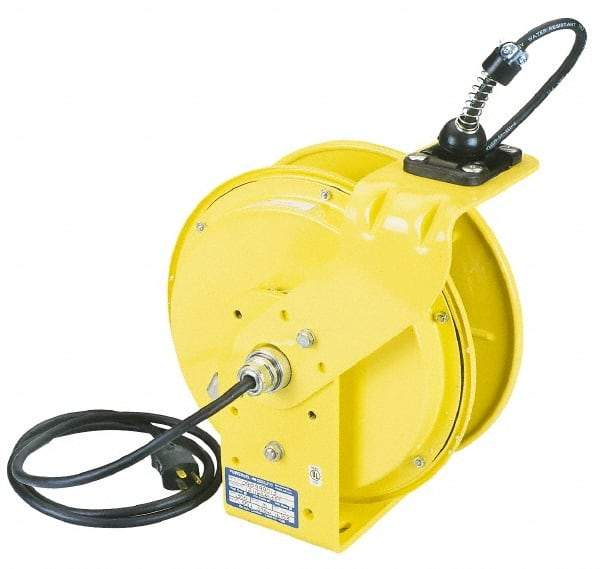 Conductix - 16 AWG, 35' Cable Length, Cord & Cable Reel with Outlet End - 3 Outlets, NEMA 5-15R, 10 Amps, 125 Volts, SOOW-A Cable, Yellow Reel, Spring Driven Reel - Best Tool & Supply