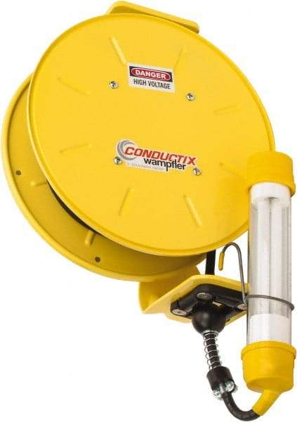 Conductix - 16 AWG, 35' Cable Length, Cord & Cable Reel with Fluorescent Hand Lamp End - 0 Outlets, 10 Amps, SOOW-A Cable, Yellow Reel, Spring Driven Reel - Best Tool & Supply