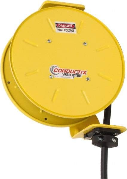 Conductix - 14 AWG, 30' Cable Length, Cord & Cable Reel with Bare End - 3 Outlets, NEMA 5-15R, 15 Amps, SEOW-A Cable, Yellow Reel, Spring Driven Reel - Best Tool & Supply