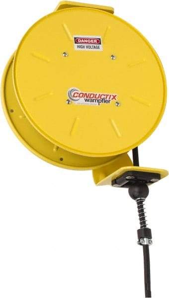 Conductix - 16 AWG, 20' Cable Length, Cord & Cable Reel with Bare End - 4 Outlets, NEMA 5-15R, 8 Amps, SEOW-A Cable, Yellow Reel, Spring Driven Reel - Best Tool & Supply