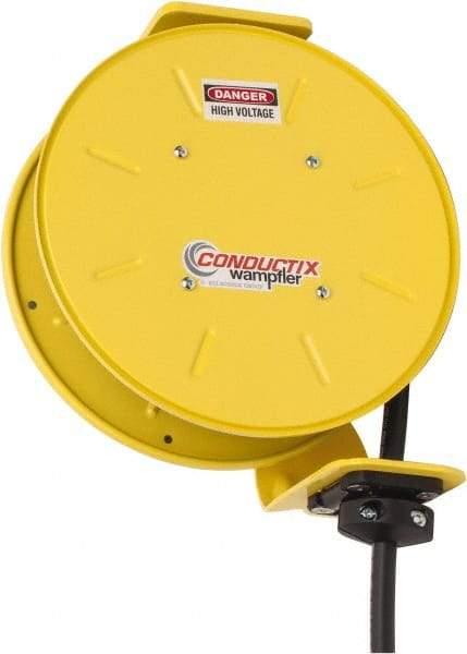 Conductix - 14 AWG, 20' Cable Length, Cord & Cable Reel with Bare End - 4 Outlets, NEMA 5-15R, 12 Amps, SEOW-A Cable, Yellow Reel, Spring Driven Reel - Best Tool & Supply