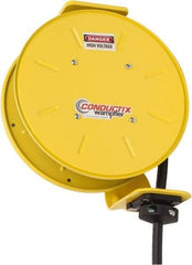 Conductix - 12 AWG, 20' Cable Length, Cord & Cable Reel with Bare End - 4 Outlets, NEMA 5-15R, 16 Amps, SEOW-A Cable, Yellow Reel, Spring Driven Reel - Best Tool & Supply