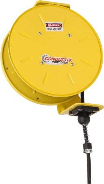 Conductix - 16 AWG, 30' Cable Length, Cord & Cable Reel with Bare End - 4 Outlets, NEMA 5-15R, 8 Amps, SEOW-A Cable, Yellow Reel, Spring Driven Reel - Best Tool & Supply