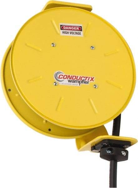 Conductix - 14 AWG, 30' Cable Length, Cord & Cable Reel with Bare End - 4 Outlets, NEMA 5-15R, 12 Amps, SEOW-A Cable, Yellow Reel, Spring Driven Reel - Best Tool & Supply