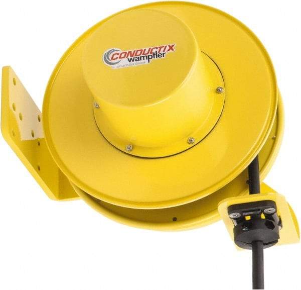 Conductix - 14 AWG, 40' Cable Length, Cord & Cable Reel with Bare End - 4 Outlets, NEMA 5-15R, 12 Amps, SEOW-A Cable, Yellow Reel, Spring Driven Reel - Best Tool & Supply