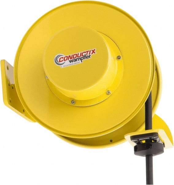 Conductix - 10 AWG, 50' Cable Length, Cord & Cable Reel with Bare End - 4 Outlets, NEMA 5-20R, 20 Amps, SEOW-A Cable, Yellow Reel, Spring Driven Reel - Best Tool & Supply