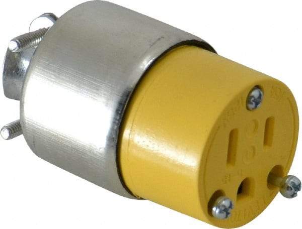 Leviton - 125 VAC, 15 Amp, 5-15R NEMA, Straight, Self Grounding, Residential Grade Connector - 2 Pole, 3 Wire, 1 Phase, PVC, Steel, Yellow - Best Tool & Supply