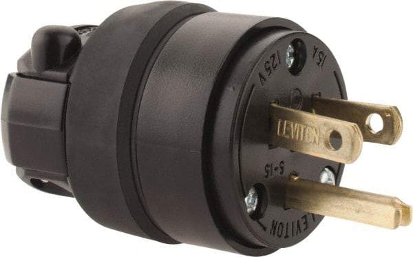 Leviton - 125 VAC, 15 Amp, 5-15P NEMA, Straight, Self Grounding, Residential Grade Plug - 2 Pole, 3 Wire, 1 Phase, Rubber, Black - Best Tool & Supply