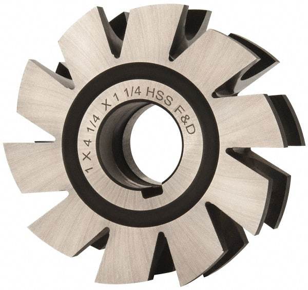 Made in USA - 1/2" Radius, 1" Circle Diam, 4-1/4" Diam x 1.572" Wide Cut, High Speed Steel Concave Radius Cutter - 4-1/4" OAL, Arbor Connection, Uncoated, Form Relieved, 10 Teeth - Best Tool & Supply