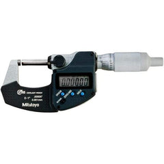 Mitutoyo - 0 to 1" Range, 0.00005" Resolution, Standard Throat IP65 Electronic Outside Micrometer - 0.00005" Accuracy, Ratchet Stop Thimble, Carbide-Tipped Face, SR44 Battery - Best Tool & Supply