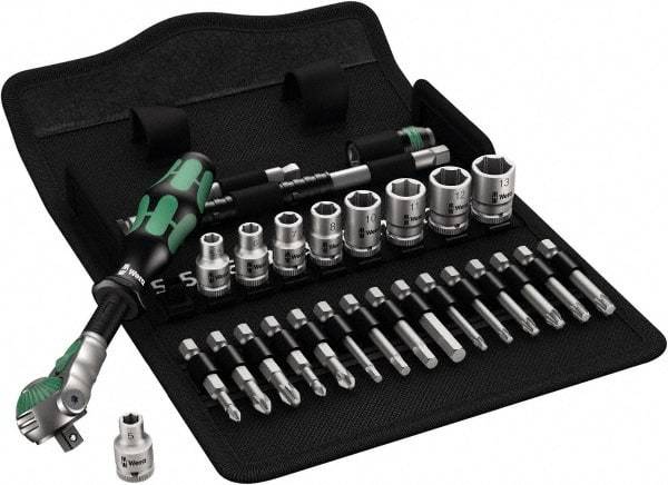 Wera - 28 Piece 1/4" Drive Standard Socket Set - 6 Points, 5 to 13mm, T10 to T40 Torx, Metric Measurement Standard - Best Tool & Supply