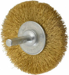 Value Collection - 2-1/2" OD, 1/4" Shank Diam, Crimped Brass Wheel Brush - 3/8" Face Width, 1/2" Trim Length, 0.008" Filament Diam, 20,000 RPM - Best Tool & Supply