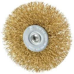 Value Collection - 3" OD, 1/4" Shank Diam, Crimped Brass Wheel Brush - 3/8" Face Width, 7/8" Trim Length, 0.014" Filament Diam, 20,000 RPM - Best Tool & Supply