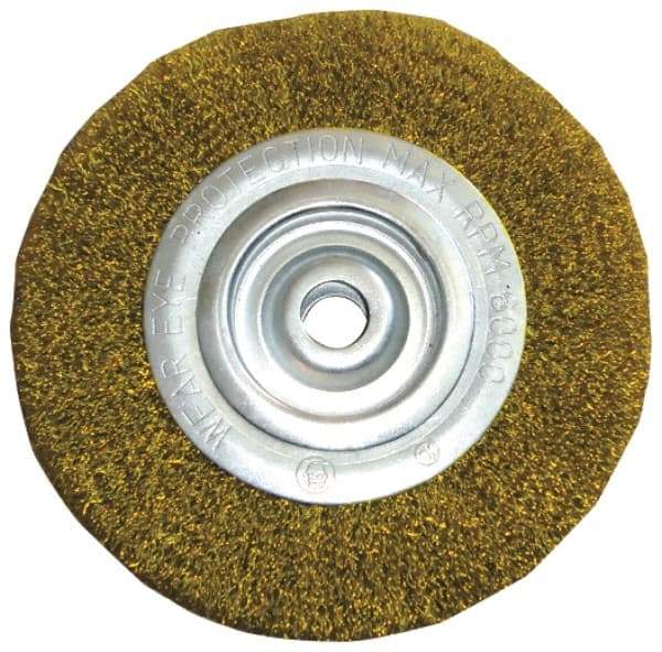 Value Collection - 8" OD, 2" Arbor Hole, Crimped Brass Wheel Brush - 1" Face Width, 1-3/4" Trim Length, 0.012" Filament Diam, 4,500 RPM - Best Tool & Supply