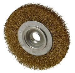 Value Collection - 4" OD, 5/8" Arbor Hole, Crimped Brass Wheel Brush - 1/2" Face Width, 5/8" Trim Length, 0.014" Filament Diam, 6,000 RPM - Best Tool & Supply