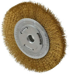 Value Collection - 6" OD, 1/4" Arbor Hole, Crimped Brass Wheel Brush - 1/2" Face Width, 1-1/8" Trim Length, 0.012" Filament Diam, 6,000 RPM - Best Tool & Supply