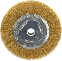 Value Collection - 6" OD, 5/8" Arbor Hole, Crimped Brass Wheel Brush - 1/2" Face Width, 1-1/8" Trim Length, 0.014" Filament Diam, 6,000 RPM - Best Tool & Supply