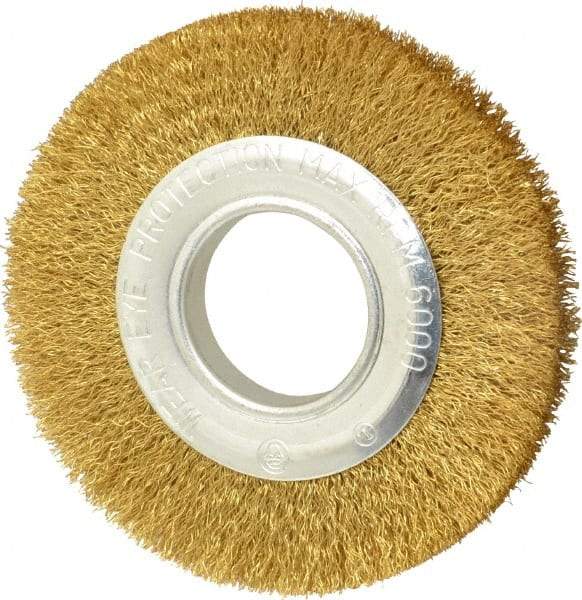 Value Collection - 6" OD, 1/4" Arbor Hole, Crimped Brass Wheel Brush - 7/8" Face Width, 1-1/8" Trim Length, 0.012" Filament Diam, 6,000 RPM - Best Tool & Supply