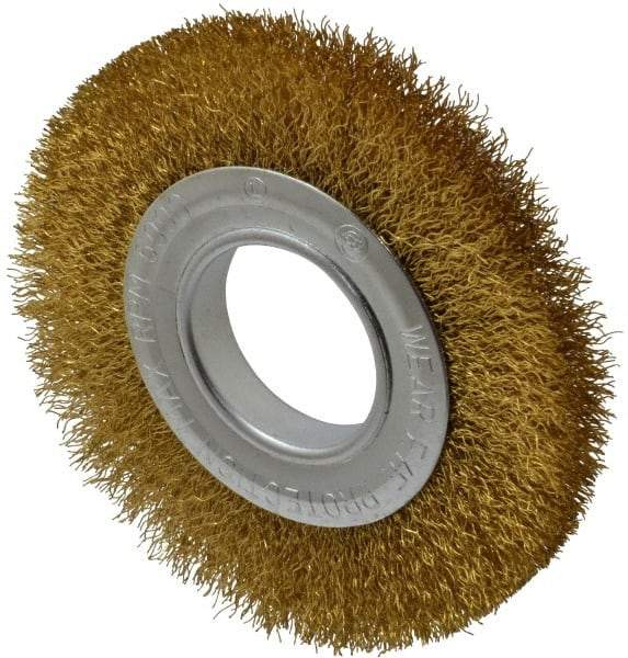 Value Collection - 6" OD, 2" Arbor Hole, Crimped Brass Wheel Brush - 7/8" Face Width, 1-1/8" Trim Length, 0.014" Filament Diam, 6,000 RPM - Best Tool & Supply