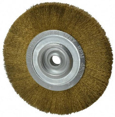 Value Collection - 8" OD, 3/4" Arbor Hole, Crimped Brass Wheel Brush - 1/2" Face Width, 1-3/4" Trim Length, 0.008" Filament Diam, 4,500 RPM - Best Tool & Supply