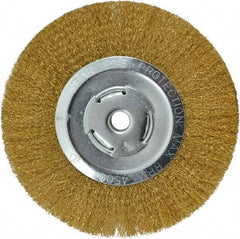 Value Collection - 8" OD, 5/8" Arbor Hole, Crimped Brass Wheel Brush - 1/2" Face Width, 1-3/4" Trim Length, 0.008" Filament Diam, 4,500 RPM - Best Tool & Supply