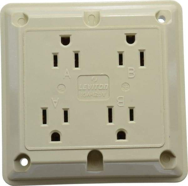 Leviton - 125 VAC, 15 Amp, 5-15R NEMA Configuration, Ivory, Specification Grade, Self Grounding Fourplex Receptacle - 1 Phase, 2 Poles, 3 Wire, Flush Mount, Chemical, Corrosion and Impact Resistant - Best Tool & Supply