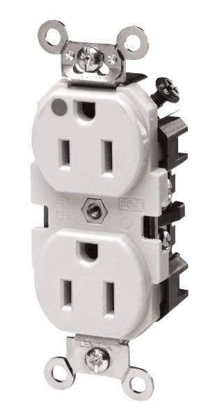 Leviton - 125 VAC, 20 Amp, 5-20R NEMA Configuration, White, Hospital Grade, Self Grounding Duplex Receptacle - 1 Phase, 2 Poles, 3 Wire, Flush Mount, Tamper Resistant - Best Tool & Supply