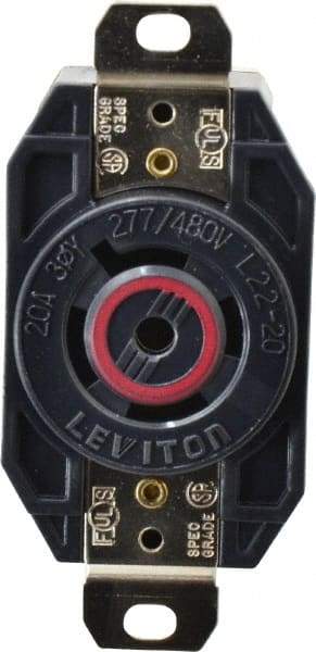 Leviton - 277/480 VAC, 20 Amp, L22-20R NEMA, Self Grounding Receptacle - 4 Poles, 5 Wire, Female End, Black - Best Tool & Supply