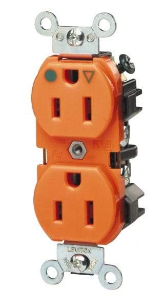 Leviton - 125 VAC, 15 Amp, 5-15R NEMA Configuration, Orange, Hospital Grade, Isolated Ground Duplex Receptacle - 1 Phase, 2 Poles, 3 Wire, Flush Mount, Impact Resistant - Best Tool & Supply