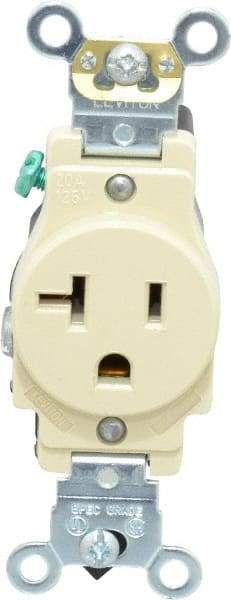 Leviton - 125 VAC, 20 Amp, 5-20R NEMA Configuration, Ivory, Industrial Grade, Self Grounding Single Receptacle - 1 Phase, 2 Poles, 3 Wire, Flush Mount, Impact and Tamper Resistant - Best Tool & Supply