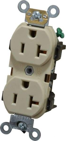 Leviton - 125 VAC, 20 Amp, 5-20R NEMA Configuration, Ivory, Industrial Grade, Self Grounding Duplex Receptacle - 1 Phase, 2 Poles, 3 Wire, Flush Mount, Impact and Tamper Resistant - Best Tool & Supply