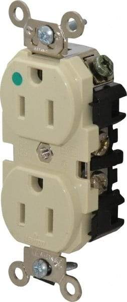 Leviton - 125 VAC, 15 Amp, 5-15R NEMA Configuration, Ivory, Hospital Grade, Self Grounding Duplex Receptacle - 1 Phase, 2 Poles, 3 Wire, Flush Mount, Impact Resistant - Best Tool & Supply